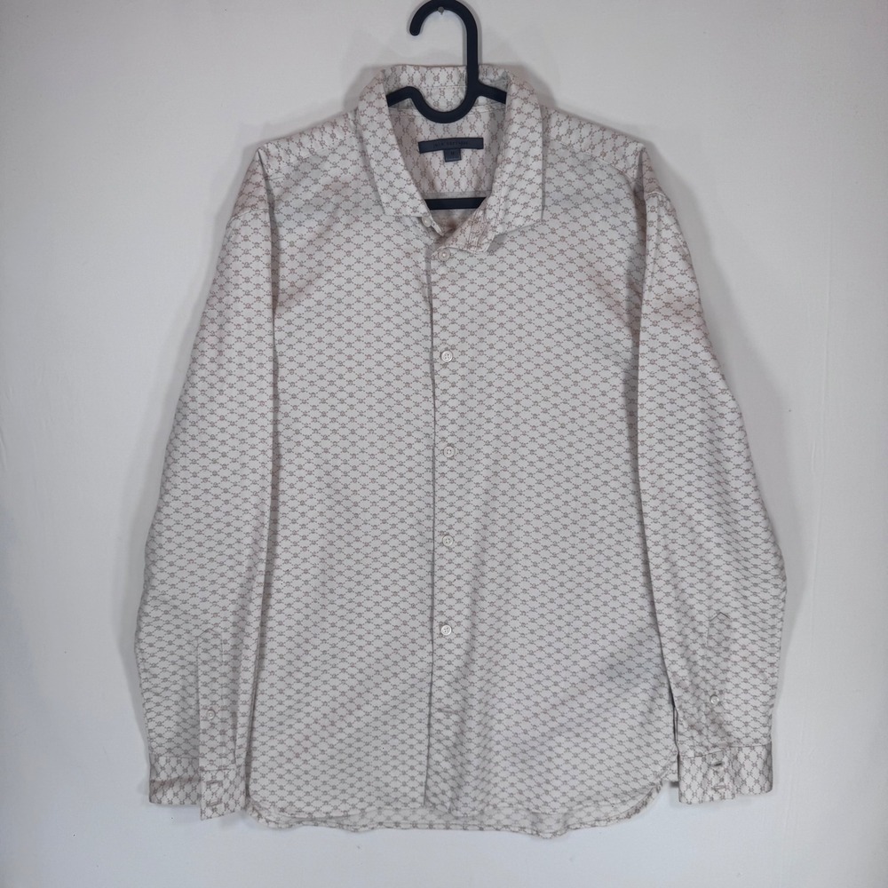 John Varvatos Mens M Skull Crossbones Print Button Up‎ Shirt Cream Cotton